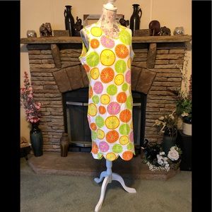 Sleeveless Citrus Print Shift Dress - White with Orange, Green & Pink